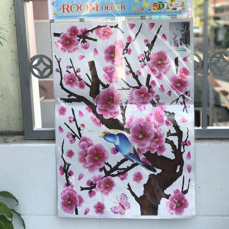 Decal trang trí Tết Mai vàng nở rộ,Đào hồng khoe sắc giấy dán tường tết 2022, tranh dán kính,