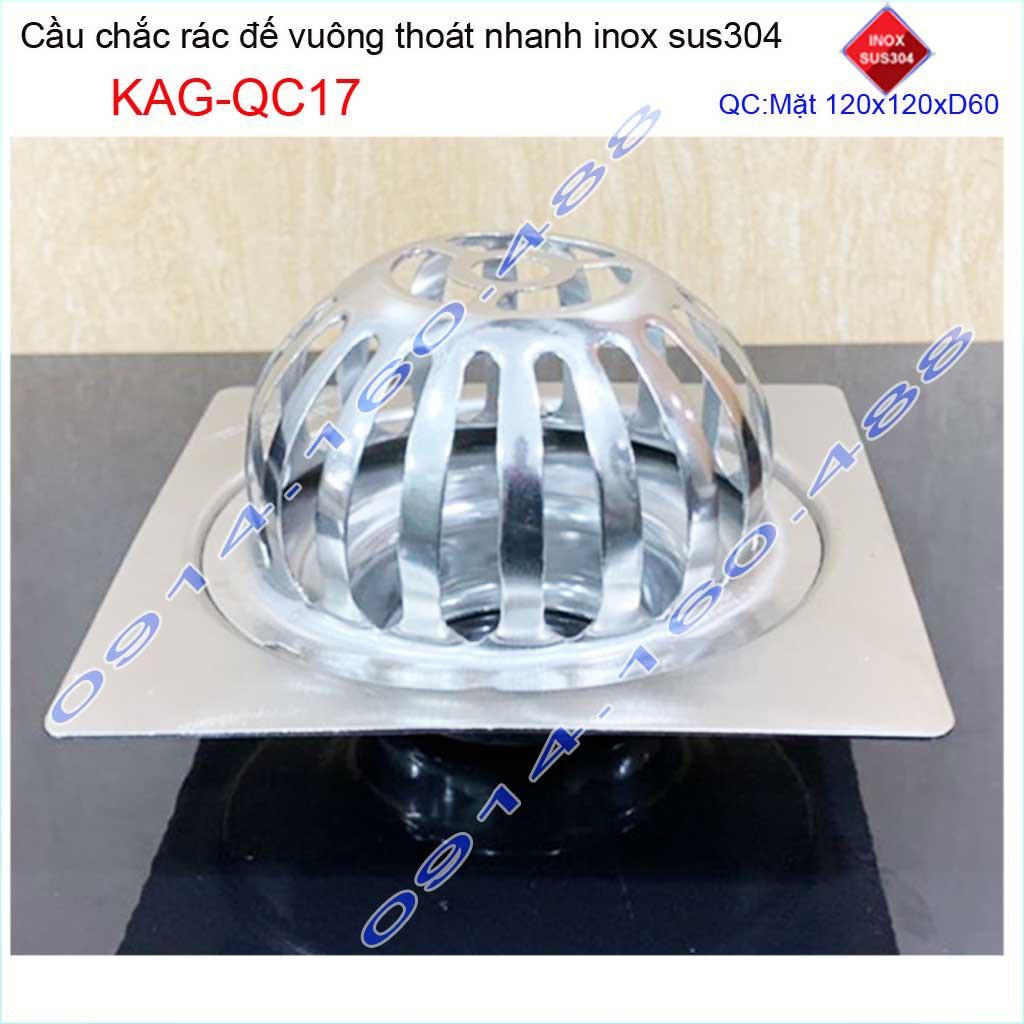 Cầu chắn rác đế vuông 12x12cm D60 KAG-QC17, Phễu thoát nước sân thượng SUS304 ống 6cm thoát nhanh chắn rác tốt