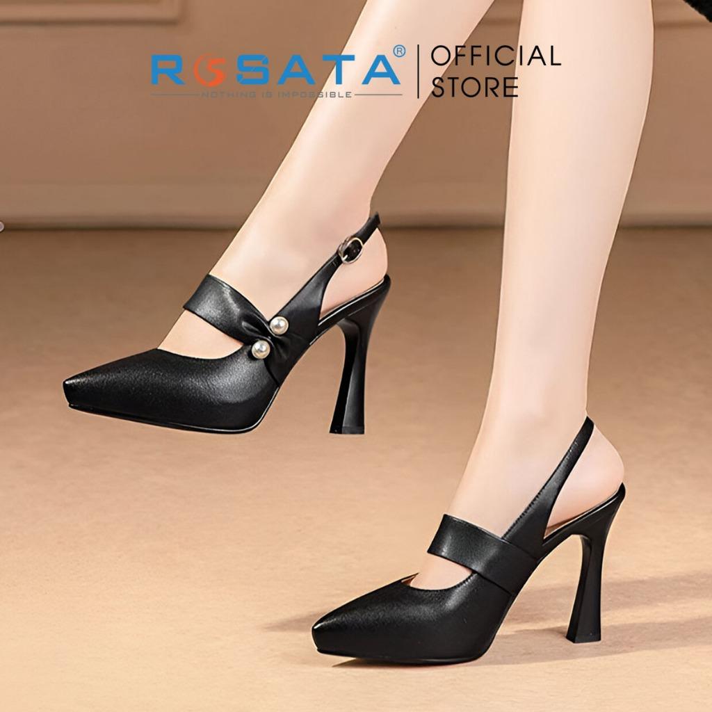 Giày cao gót nữ ROSATA RO601 mũi nhọn đính hạt quai hậu khóa cài gót cao 9cm xuất xứ Việt Nam - ĐEN