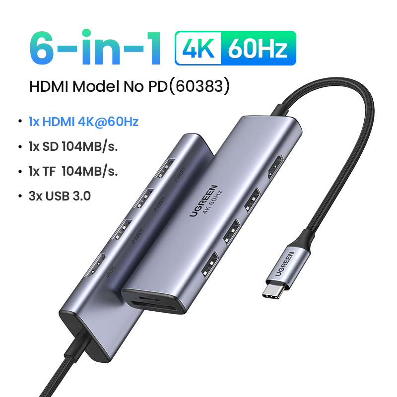 Ugreen 60383 4K 60Hz hdmi + 3x usb3.0 + card reader bộ chuyển hub Usb Type C Multifunction Adapter CM511 hàng chính hãng