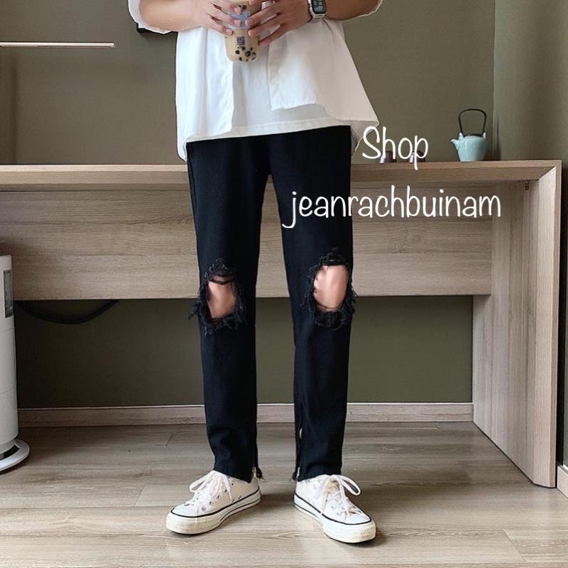 Quần Jean Nam Rách Tròn Đầu Gối Kèm Khóa Zip Cực Chất