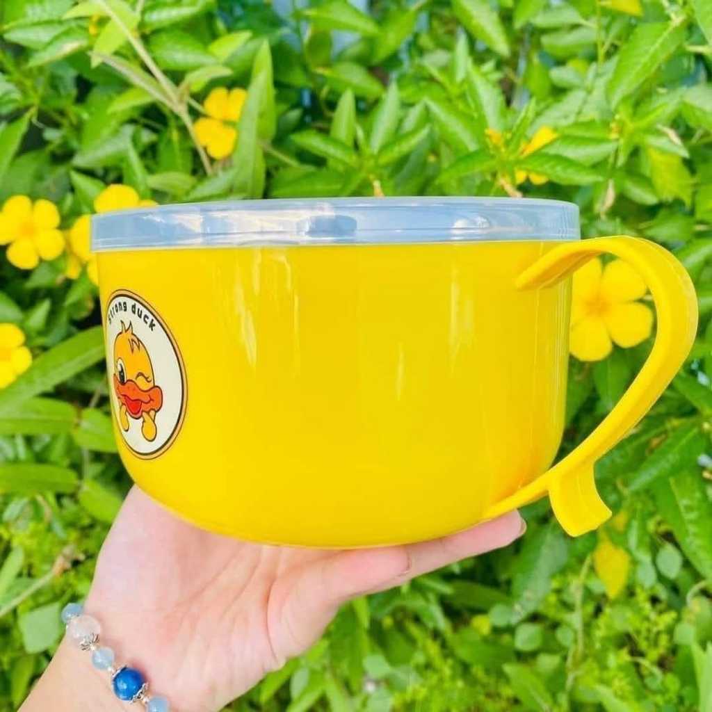 Ca ăn mì có nắp đậy vịt vàng 2 lớp 15cm có nắp đậy đa năng hỗ trợ giữ nhiệt tốt - Ca úp mì vịt vàng chất liệu inox có nắp kín giữ nhiệt lâu