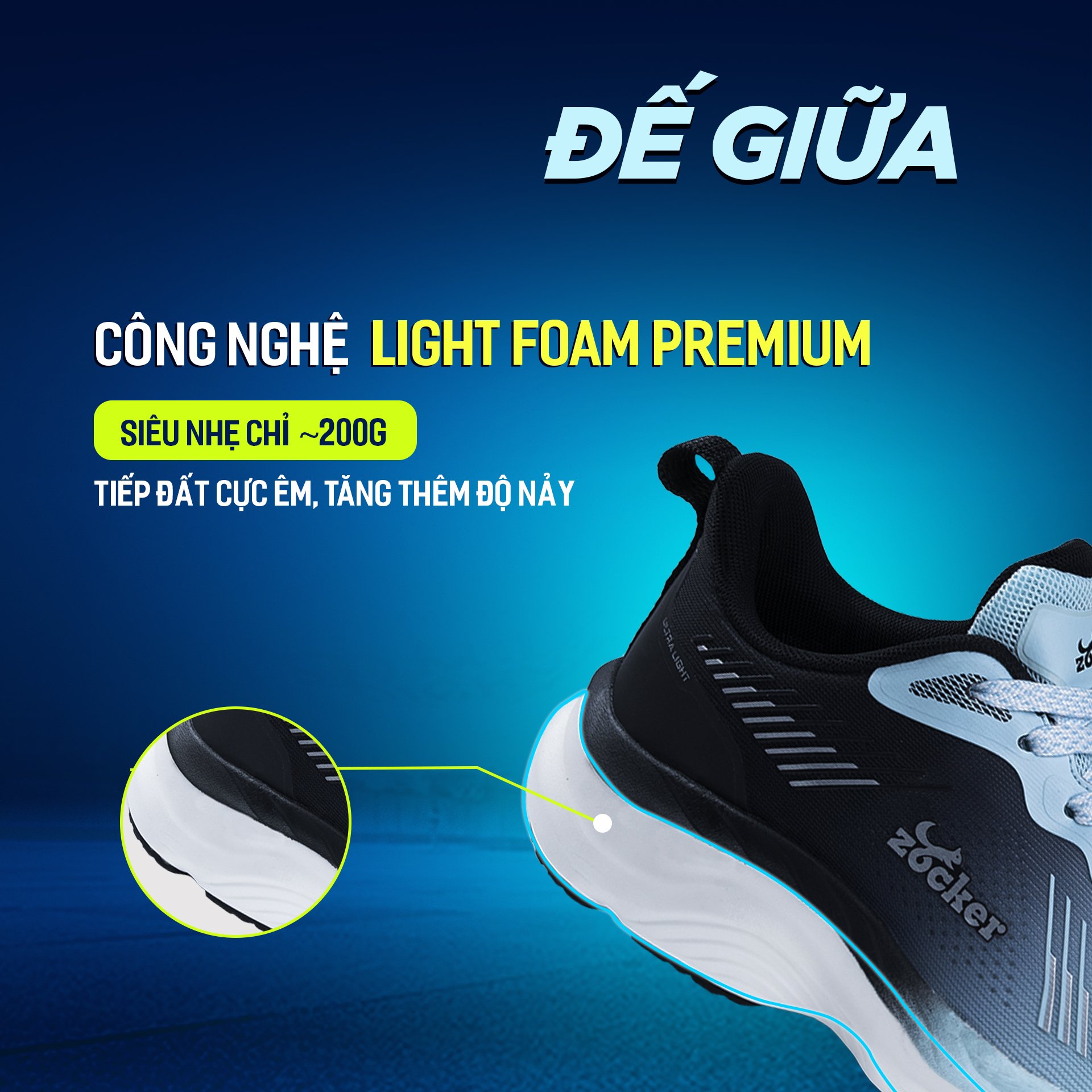 Giày Chạy Bộ Zocker Ultra Light Moon/Black - Công Nghệ Light Foam Premium Siêu Nhẹ - Siêu Êm - Siêu Nảy - Tặng kèm vệ sinh giày