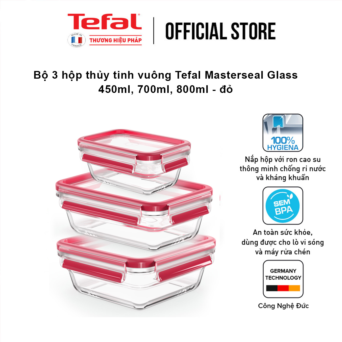 Bộ 3 hộp thủy tinh vuông Tefal Masterseal Glass 450ml, 700ml, 800ml - đỏ