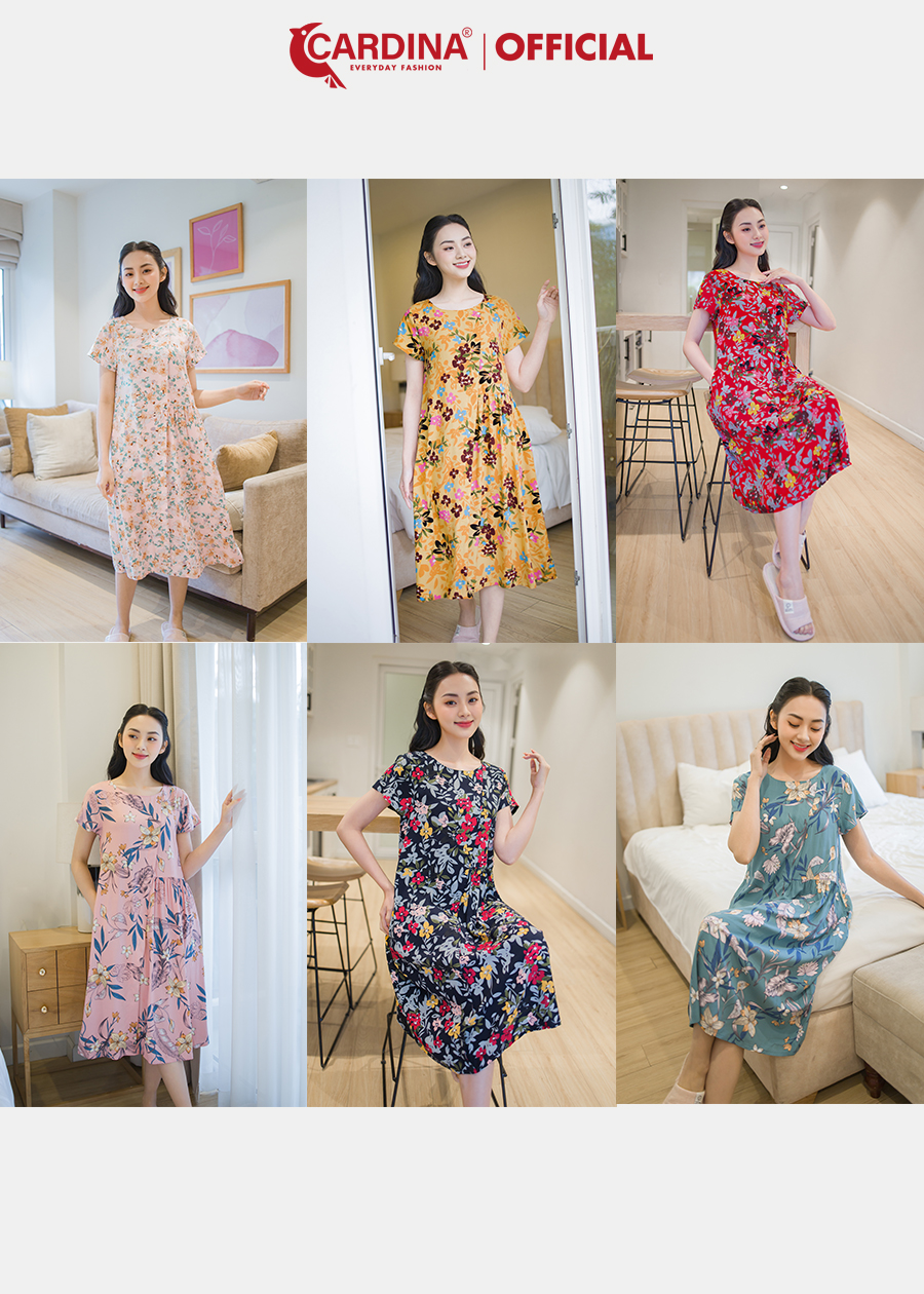 Đầm Nữ CARDINA Chất Lanh Tre Cao Cấp Cổ Tròn Cộc Tay Vạt Chéo Họa Tiết 3VL02