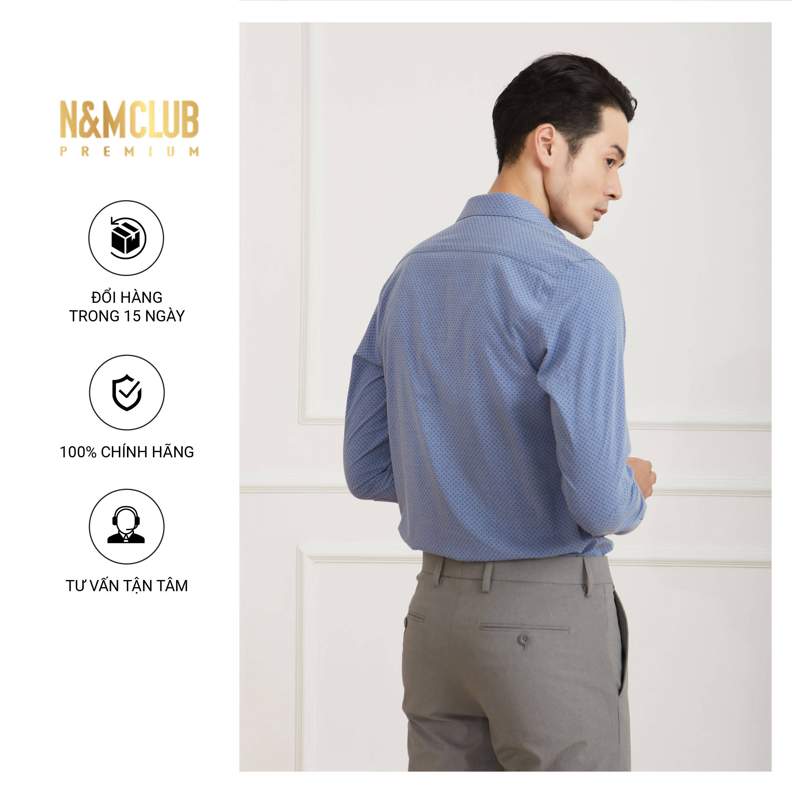 N&amp;M CLUB Áo Sơ Mi Nam Tay Dài họa tiết chấm bi chất liệu vải vải sợi tre Bamboo 2105040