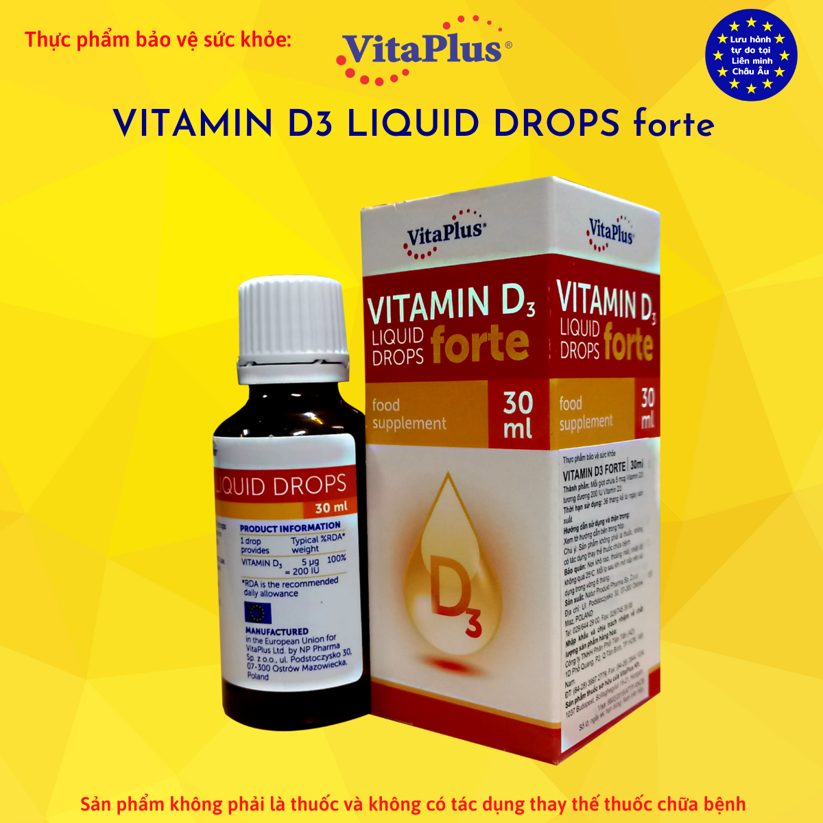(COMBO 2 HỘP) Thực phẩm bảo vệ sức khỏe: Vitaplus Vitamin D3 Forte liquid drops bổ sung vitamin D3 hỗ trợ tăng cường hấp thu canxi, giúp hỗ trợ phát triển hệ xương và răng