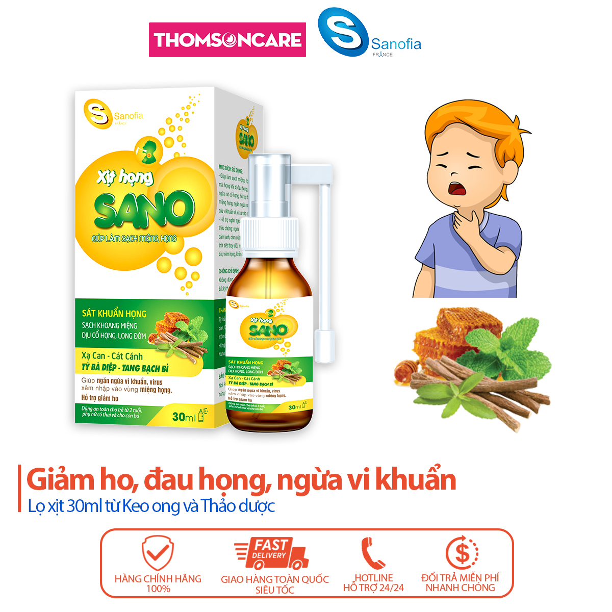 Xịt họng keo ong Sano, Lọ 30ml  giúp làm sạch miệng, giảm ho, đau rát cổ họng dùng an toàn cho trẻ từ 2 tuổi từ thảo dược Thomsoncare