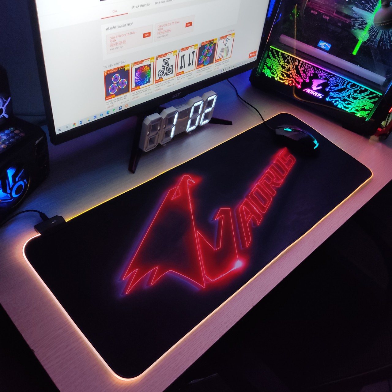 Mouse Pad, bàn di chuột, lót di chuột tích hợp Led RGB Aorus Version 2 sáng viền, kích thước 80cm x 30cm dày 4mm - Hàng nhập khẩu