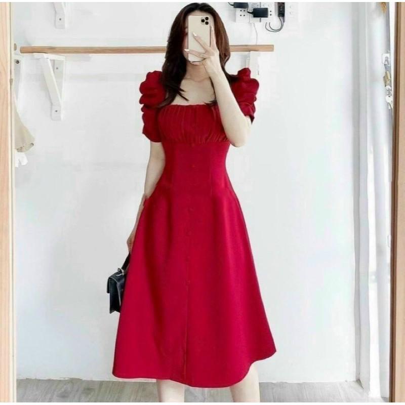 Đầm xếp ly ngực tay phồng
