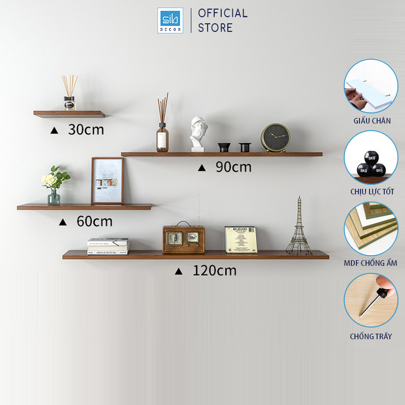 Kệ Thanh Ngang Trang Trí Màu Walnut Sib Decor, Kết Cấu Treo Tường Hiện Đại, Chắc Chắn Kt001 - 4 Kệ 306090120Cm