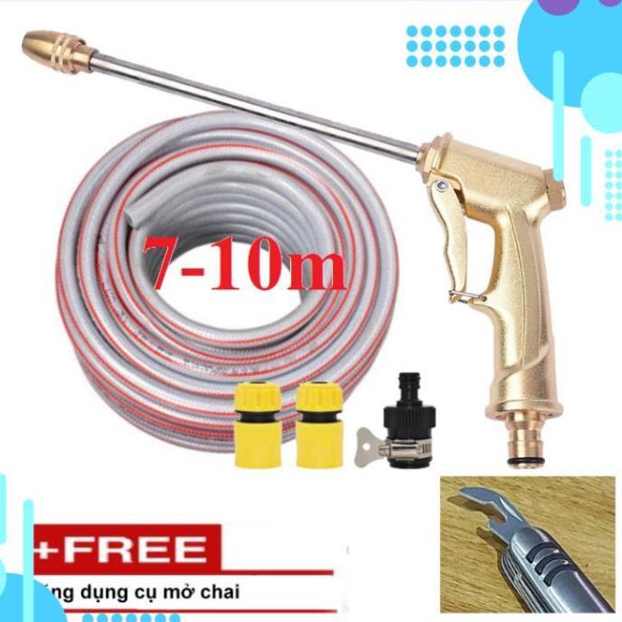 Bộ dây vòi xịt nước rửa xe, tưới cây .tăng áp 3 lần,loại 7m,10m 206701-3 đầu đồng,cút,nối đen+tặng mở chai