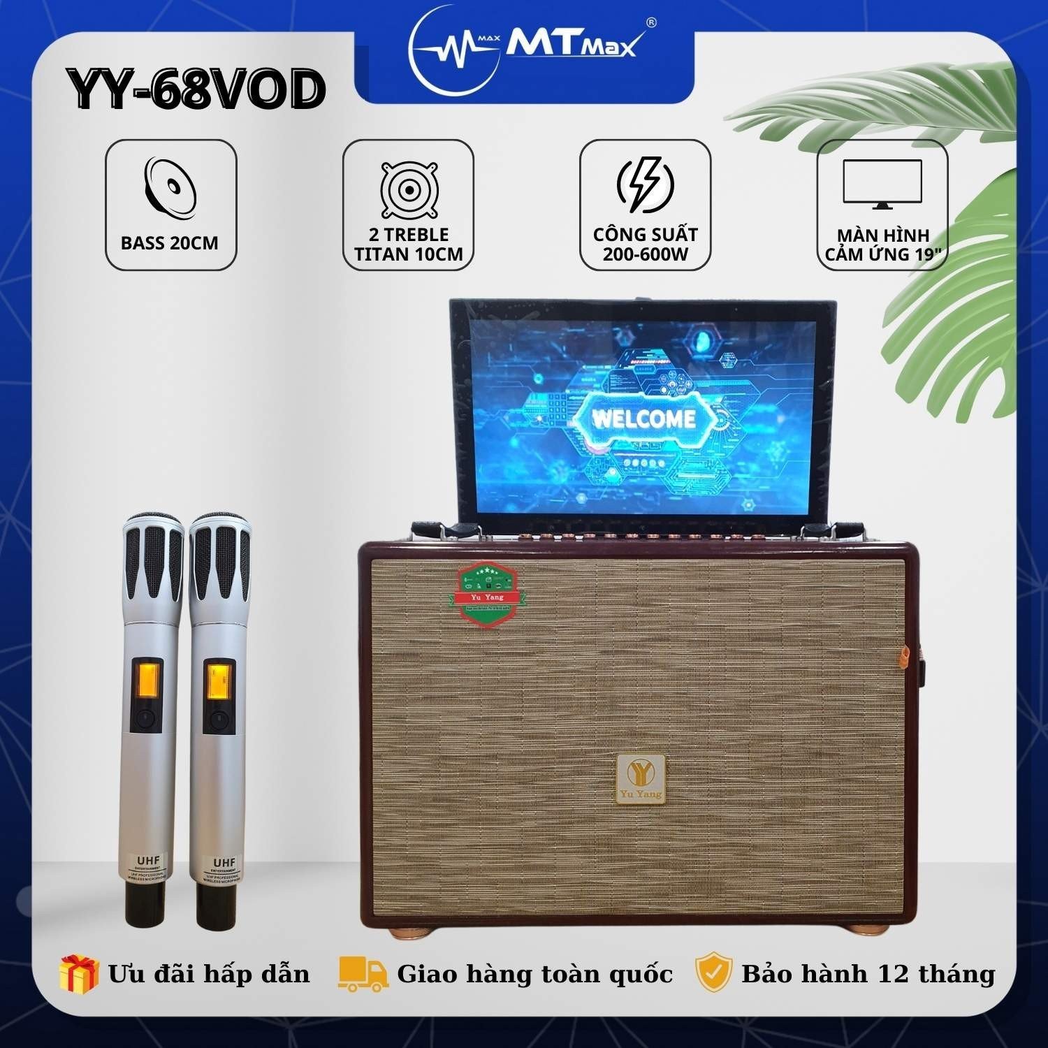 Loa Karaoke YY68A Bass đôi 20, 2 treble, Màn Hình Cảm Ứng Đa Điểm - Kèm 2 Micro Cao Cấp-Loa màn hình kết nối wifi Bluetooth công Suất cực đại 600W