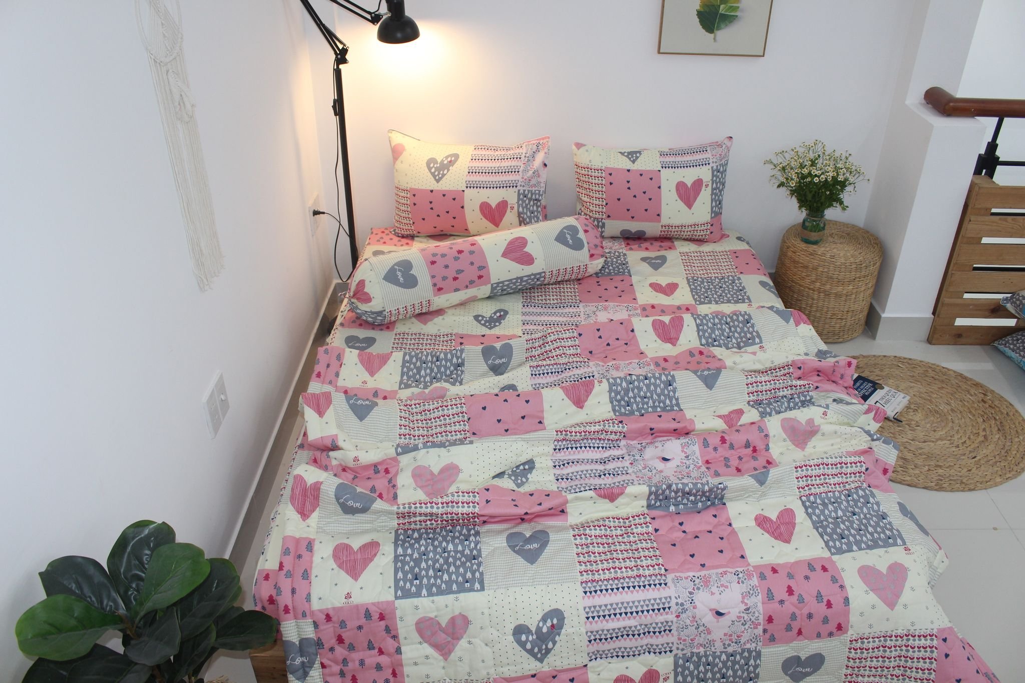 Bộ drap gối KHA LY - 100% cotton thiên nhiên - Ô vuông tim hồng - VN242