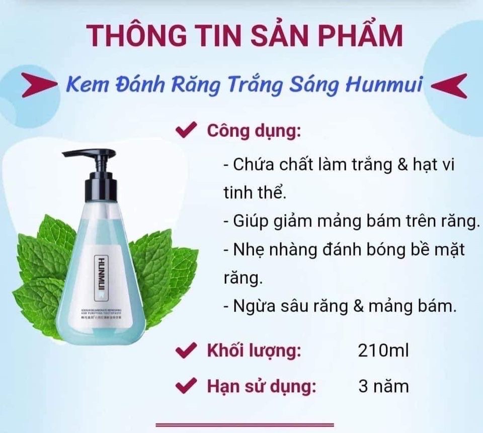 [Combo 4 Chai + 2 Quà Tặng] Kem Đánh Răng Trắng HUNMUI (210g) Tinh Chất Bạc Hà