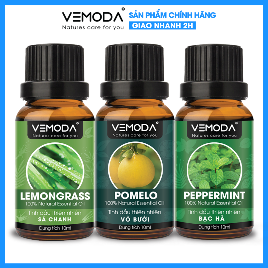 Tinh dầu xông phòng gồm 3 lọ tinh dầu nguyên chất cao cấp Vemoda: tinh dầu Vỏ bưởi MG + tinh dầu Bạc hà + tinh dầu Sả chanh