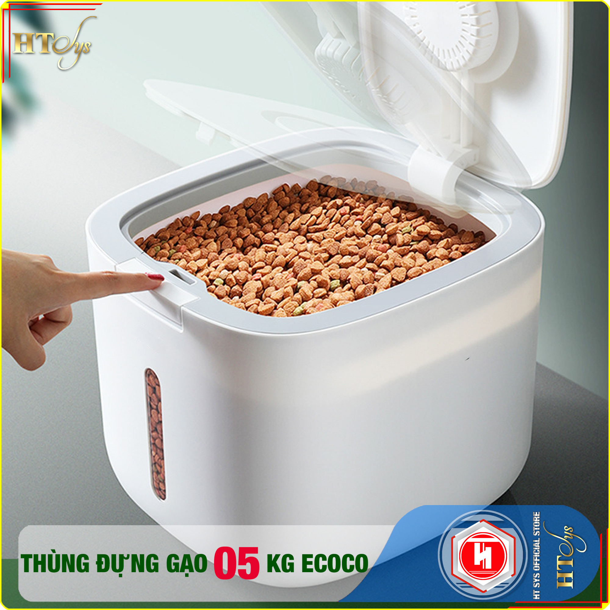 Thùng đựng gạo thông minh 5KG-HT SYS - ECOCO-E2029-Thiết kế dạng nhấn nút-Chống kiến, chống ẩm, chống mọt-Chất liệu ABS cao cấp + 01 Sét móc vàng tài lộc + 04 Khăn Lau [ Hàng Nhập Khẩu ]