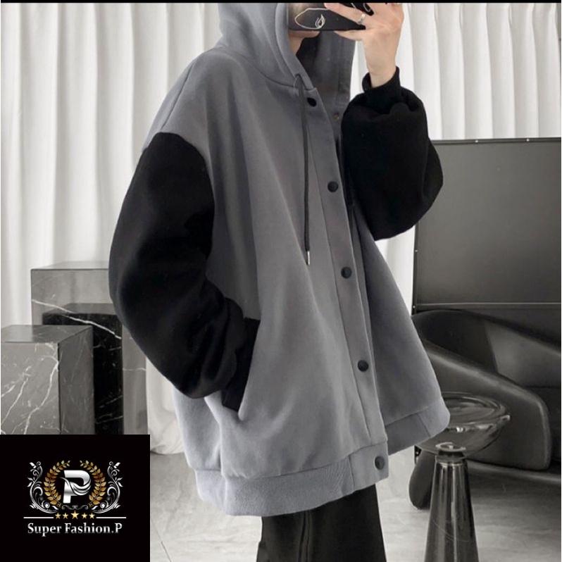 Áo Khoác Hoodie Nút Bấm Phối Tay Hai Màu Sành Điệu Thời Trang