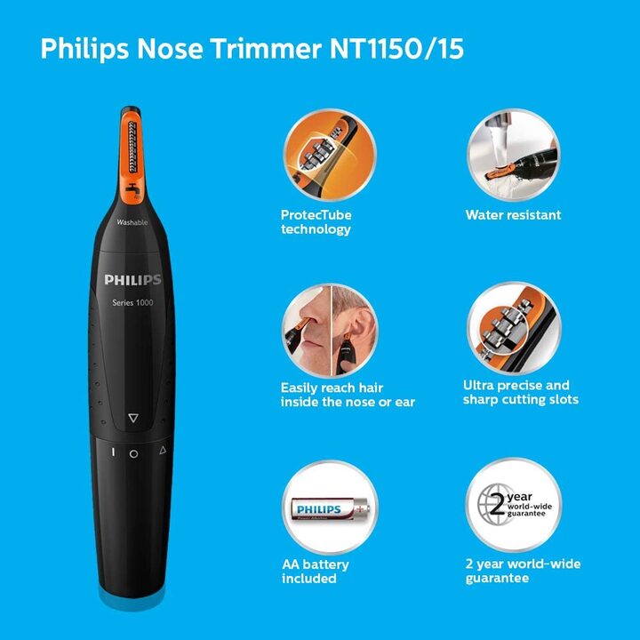 Máy tỉa lông mũi và tai Philips NT1150 rãnh cắt sắc bén và có độ chính xác cao - Hàng Nhập Khẩu