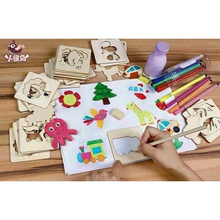 Bộ Khuôn Vẽ Tranh Và Tô Màu, Ghép Hình Bằng Gỗ Cho Bé