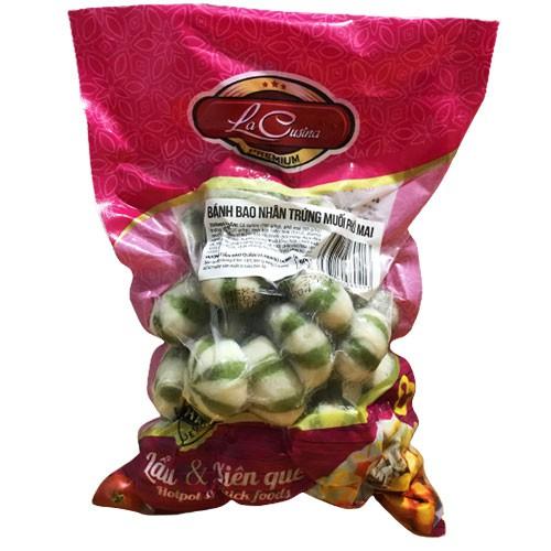 Viên thả lẩu, bánh bao trứng muối phô mai lacusina sọc màu xanh gói 500 gram