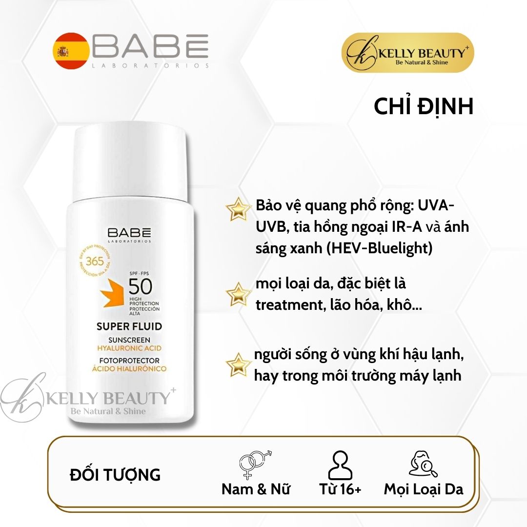 Kem Chống Nắng Dưỡng Ẩm BABE Super Fluid Sunscreen SPF 50 - Chống Tác Hại Tia UVA,UVB; Chống Trôi | Kelly Beauty