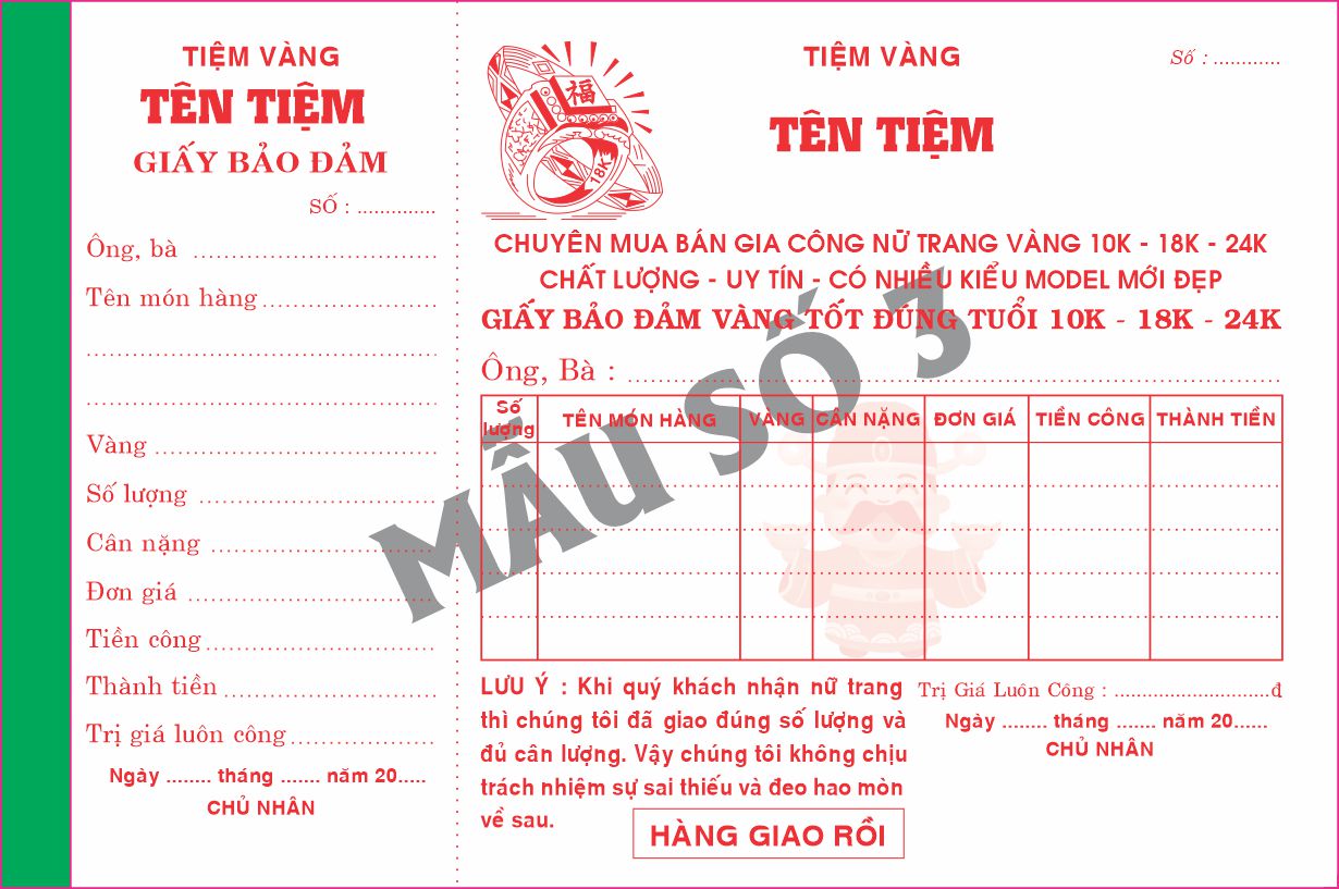 Giấy bảo đảm tiệm vàng 1 liên-block 10-chọn mẫu in tên