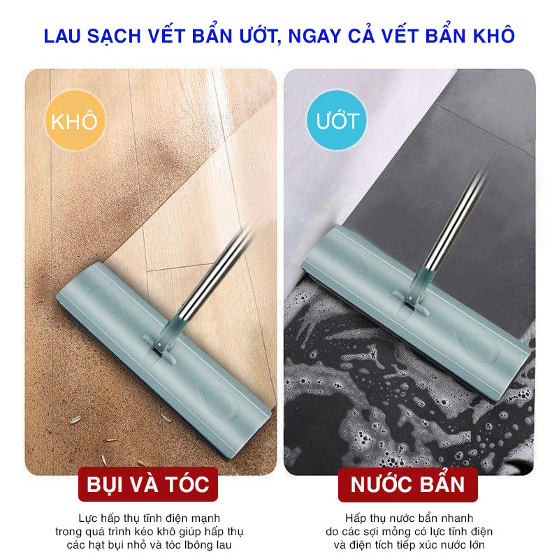 Cây lau nhà tự vắt Kitimop-XPRO bàn lau lớn 42cm, con lăn trợ lực, thanh thép không gỉ, khớp xoay 360 độ, 2 bông lau