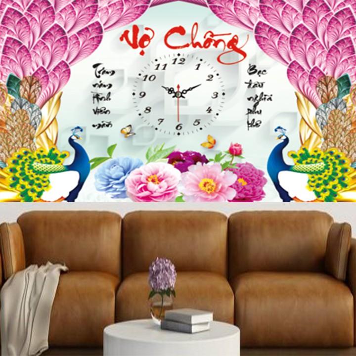 Tranh đá vợ chồng công hồng đồng hồ DF833 - kích thước: 65 * 43cm.