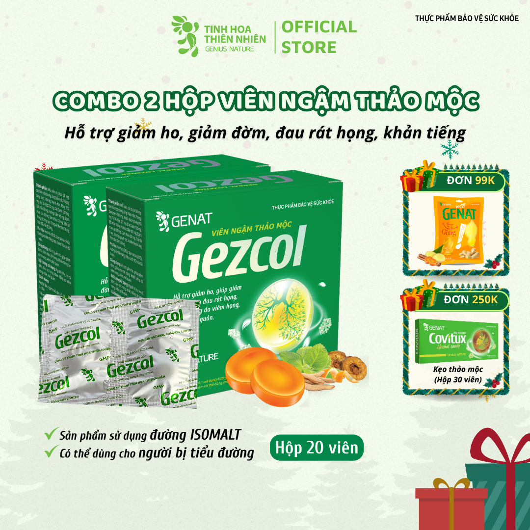 Combo 2 hộp 20 viên - Viên ngậm ho thảo mộc Gezcol Hỗ trợ giảm đau rát họng, khản tiếng do viêm họng, viêm phế quản - Genat