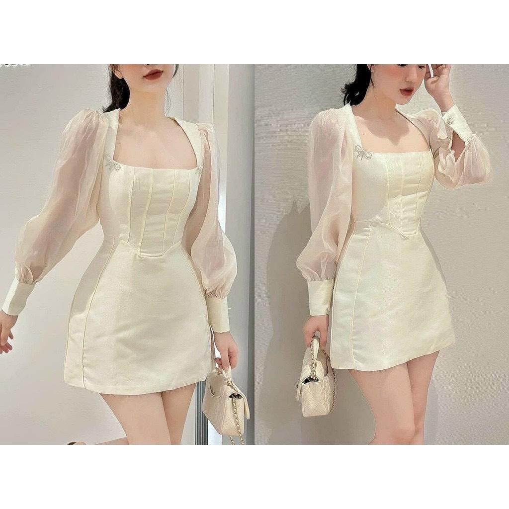 ĐẦM XOÈ CỔ VUÔNG ĐÍNH ĐÁ NƠ TAY VOAN  13973