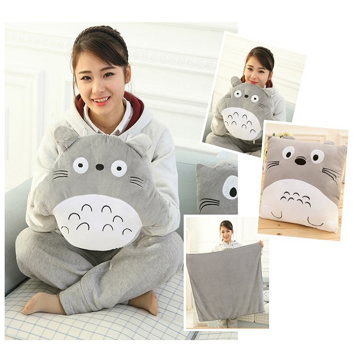 Combo Mền Gối Ngủ Văn Phòng Tiện Lợi Totoro Tròn Màu Xám Siêu Mịn 1.1x1.7m