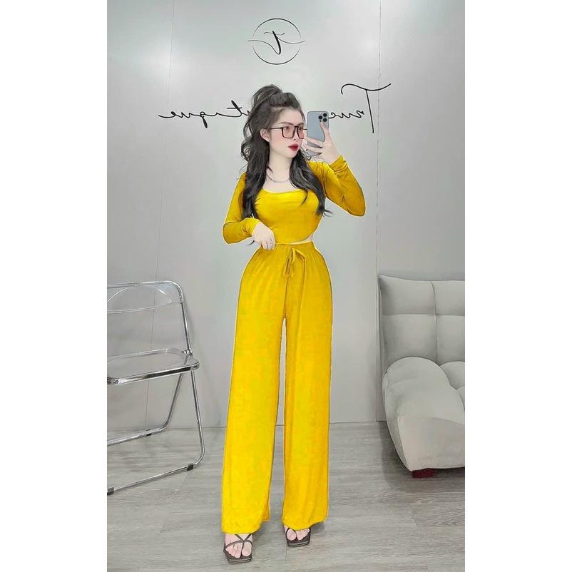 Set bộ thun gân áo croptop tay dài mix quần suông thời trang nữ dành cho các nàng ở nhà, đi chơi