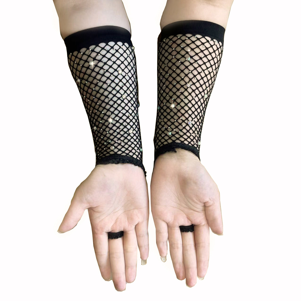 Bao tay lưới xỏ ngón đính đá lấp lánh màu đen BT03
