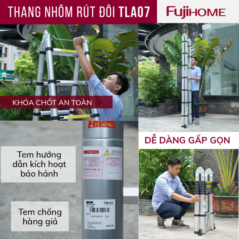 Thang nhôm FUJIHOME TLA08 rút gọn chữ A nhập khẩu, Chiều cao tối đa 5m, Đế cao su