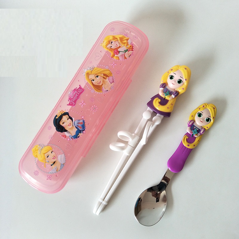 Set 3 món muỗng, đũa tập ăn inox 3D kèm hộp đựng hình công chúa Princess Rapunzel màu hồng cho trẻ em bé gái  - 118VNDP2194