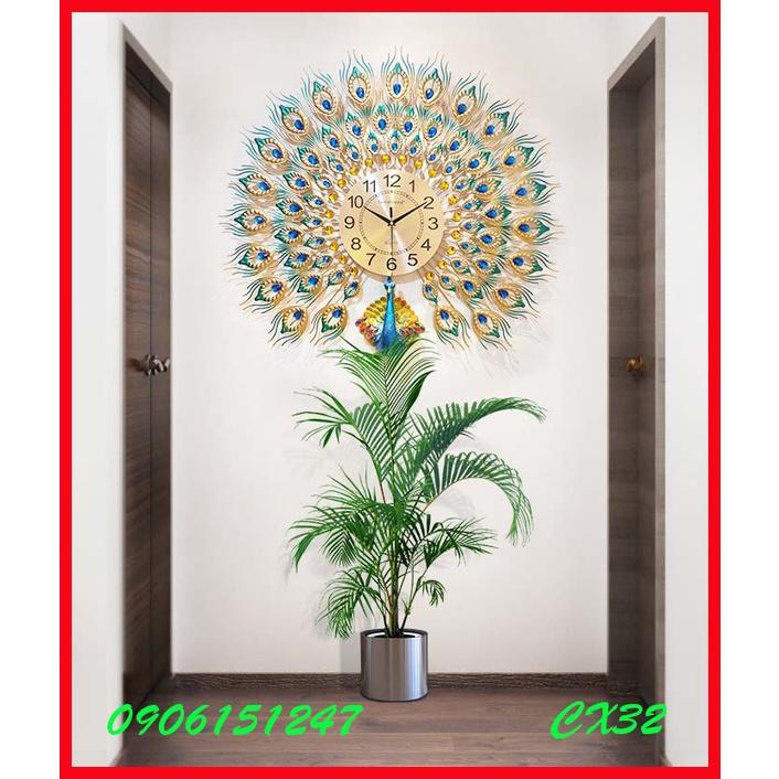 Đồng hồ treo tường trang trí decor chim công CX32 Khổng Tước xanh kích thước 70 x 70 cm