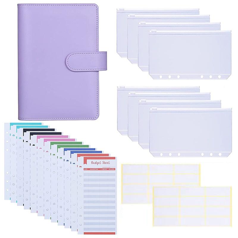 A6 PU Leather Binder Cover with 8PCS A6 Binder Pockets Good for Keep Cash Coupons Passport Tickets Notes Cards Purple