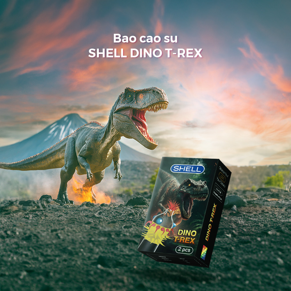 Bao cao su Shell Dino T-rex - 1 bao nhiều vòng gai, bi nổi lớn + 1 bao Shell Performax (Hộp 2 cái) | SHELL CHÍNH HÃNG