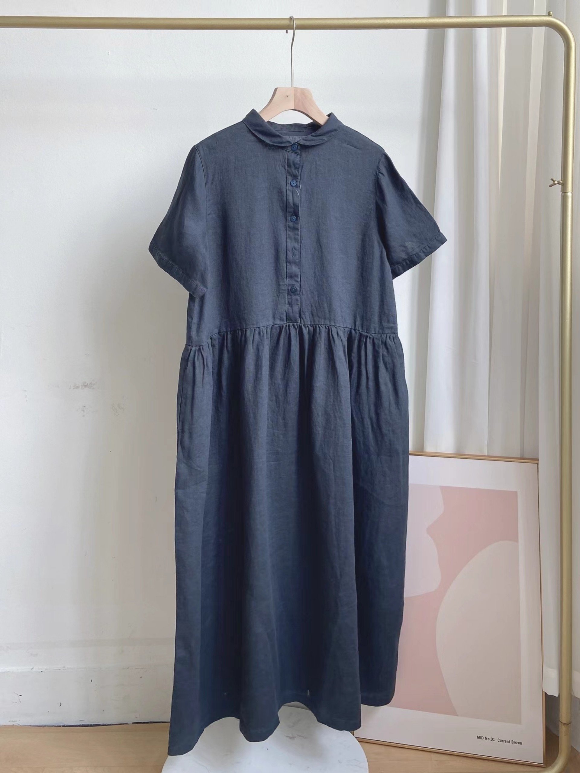 Đầm suông công sở linen cổ sơ mi nhún eo, Váy sơ mi dáng dài form rộng thời trang hè thu ARCTIC HUNTER