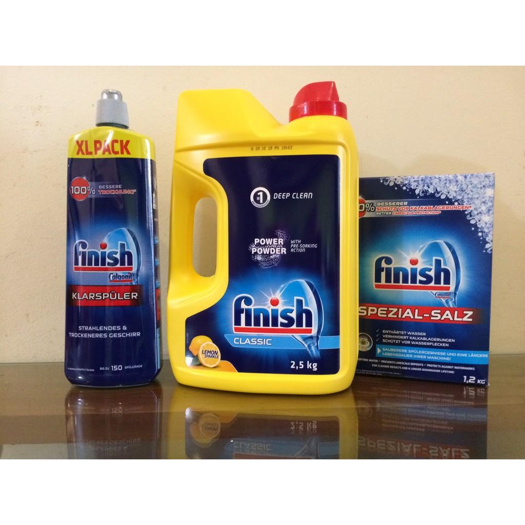Combo Muối rửa bát Finish 1,2 kg + bột rửa bát Finish 2.5kg +Tặng que thử nước