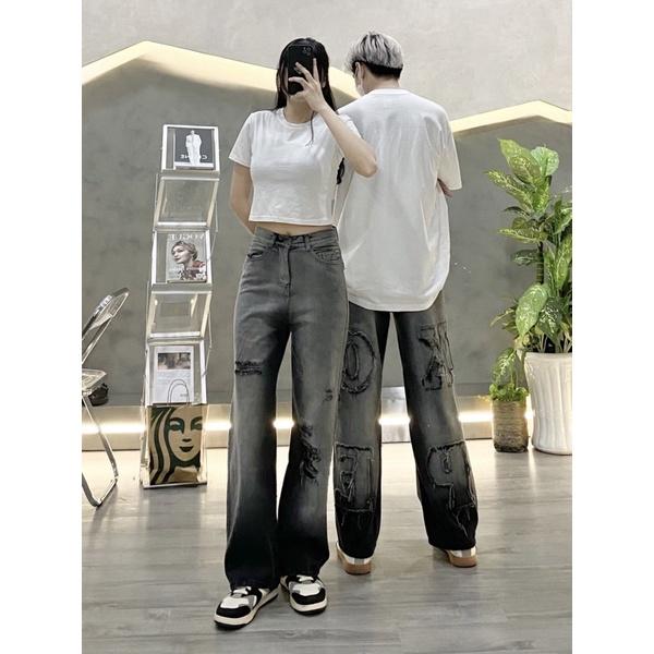 Baggy jeans ông rộng jeans loang có thêu chữ siêu đẹp