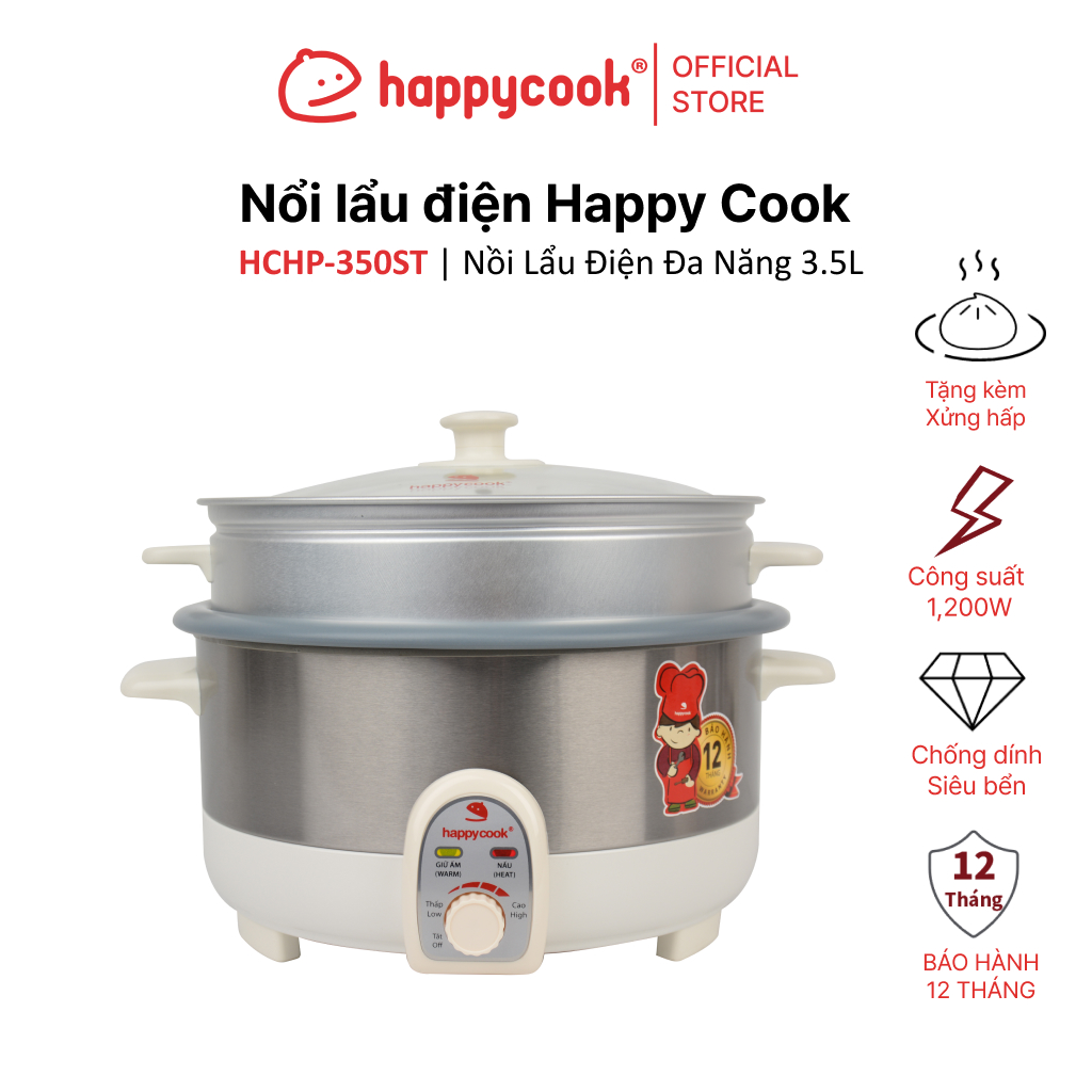 Nồi Lẩu Điện Có Xửng Happy Cook HCHP-350ST (3.5L) - Hàng Chính Hãng