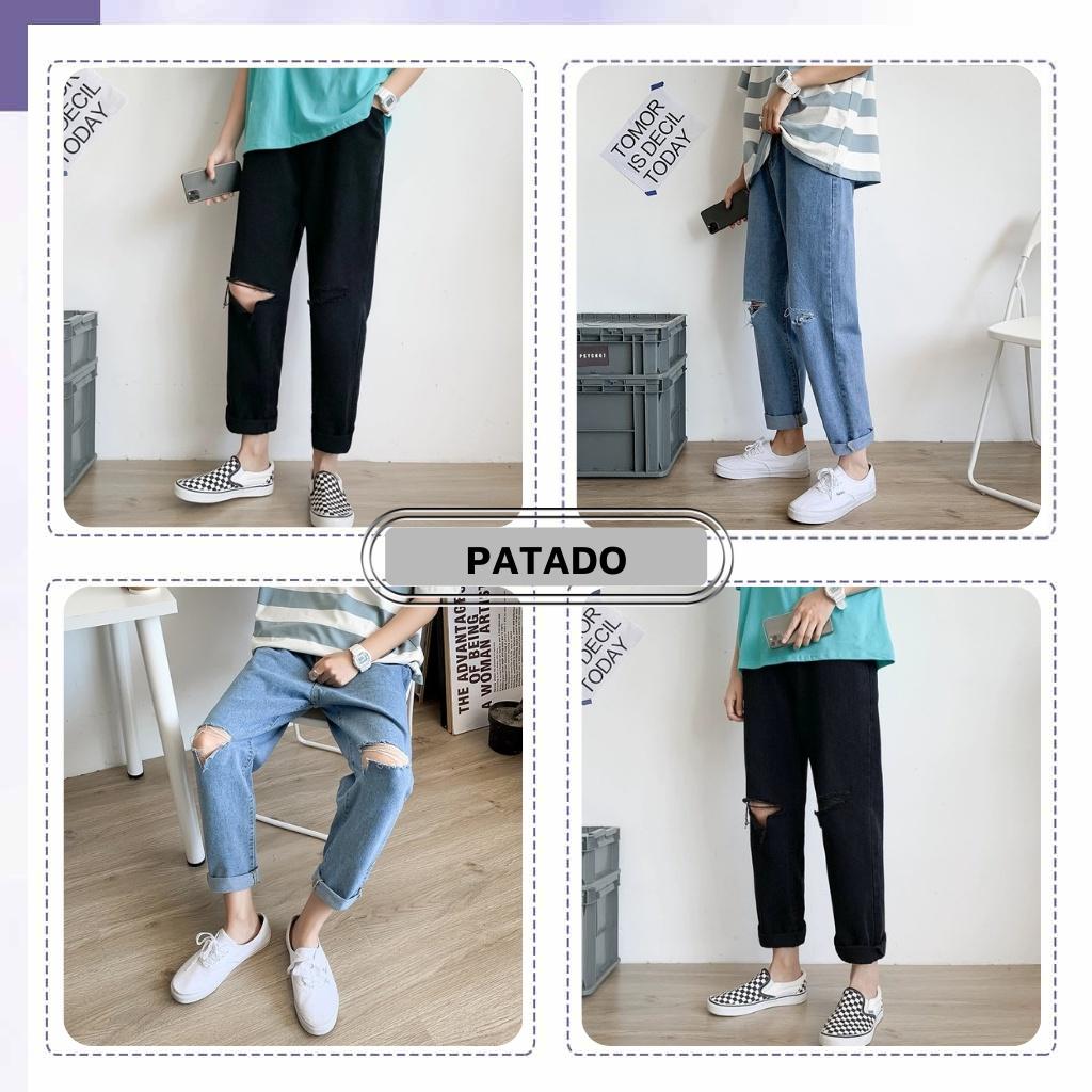 Quần jean nam rách gối dáng baggy ống suông rộng vải jeans cao cấp