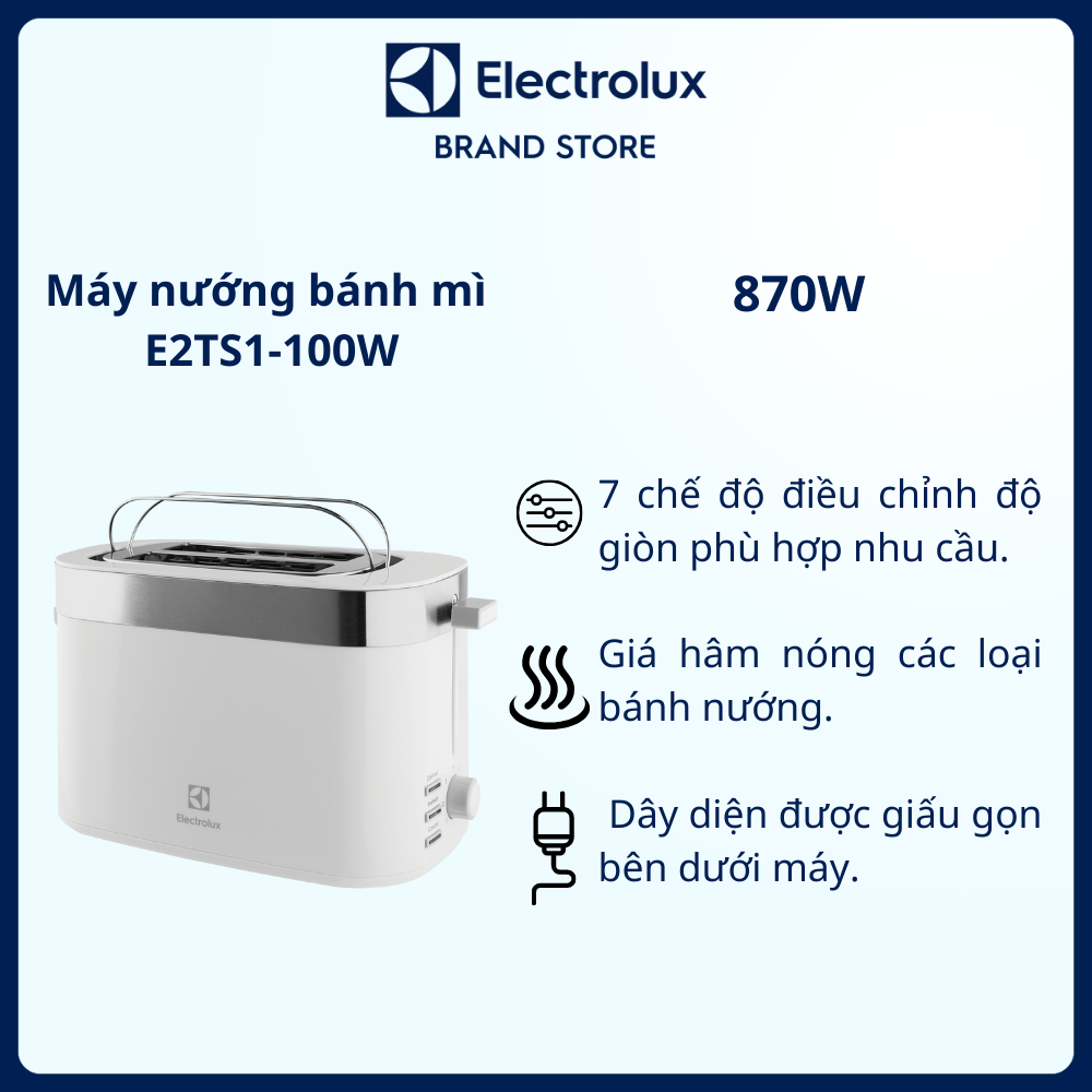 Máy nướng bánh mì Electrolux E2TS1-100W - 7 chế độ điều chỉnh độ giòn phù hợp, nơi cất dây nguồn gọn gàng [Hàng chính hãng]