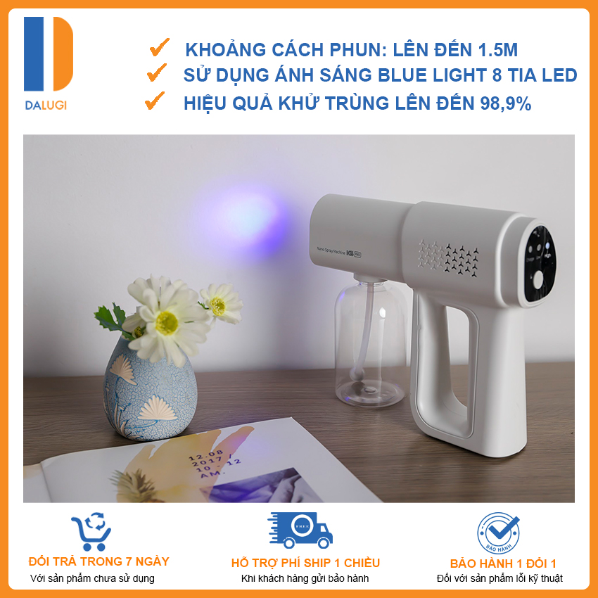 Máy xịt khử khuẩn không dây cầm tay K5 pro 8 tia led khử trùng sạch vi khuẩn, phun đuổi muỗi, đuổi côn trùng, làm sạch không khí