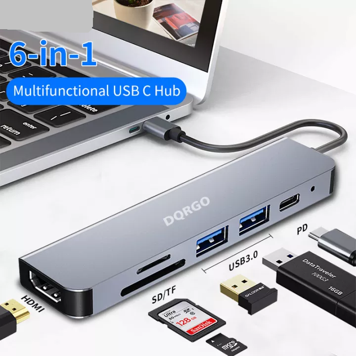 Hub chuyển đổi USB TypeC 6 trong 1, Cổng chuyển đổi HUB USB TypeC to HDMI, 1 cổng HDMI 4k UHD , 2 cổng USB 3.0, 2 khe đọc thẻ nhớ SD và TF, Kết nối nhiều thiết bị với tốc độ cao, Dùng cho Điện thoại/Laptop/PC/Macbook