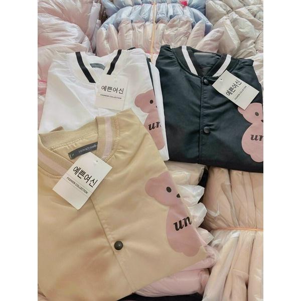 Áo khoác bomber bóng chày dù mero 2 lớp in gấu phối tay unisex ulzzang nam nữ