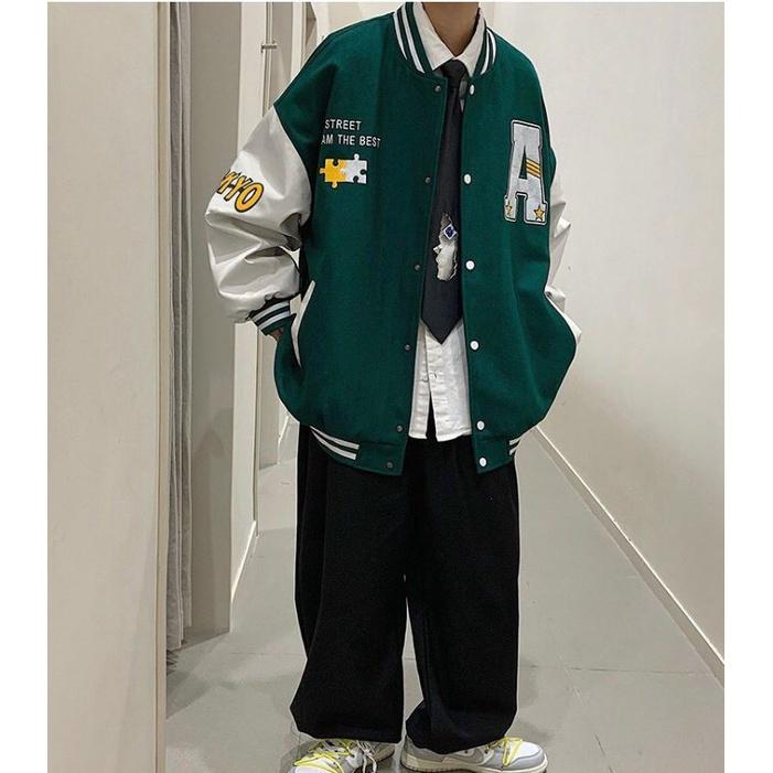 Áo bomber nỉ ngoại trần bông unisex, áo cardigan nam nữ phôm rộng thêu chữ phối màu cao cấp nút bấm