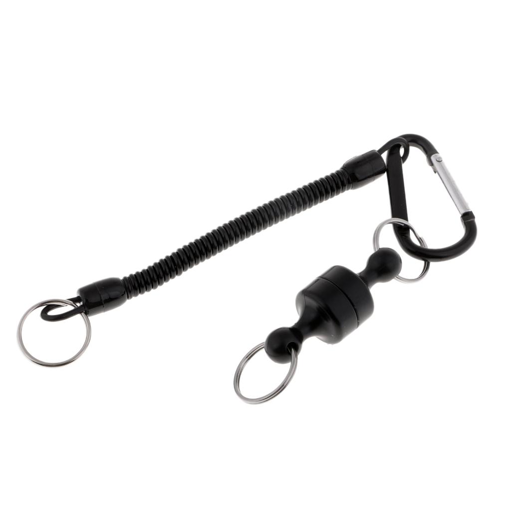 Steel Wire Fishing Coiled Lanyard w/ Magnetic Net Release & Buckle Black